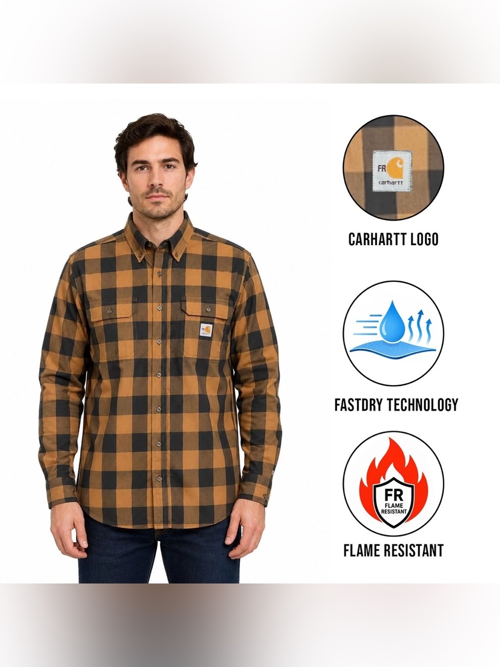 Carhartt Men's Loose Fit Long Sleeve Twill Plaid Shirt Flame Resistant XL Tall